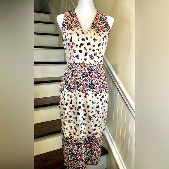 MAGGY LONDON Calf Length Sleeveless Floral Dress w Back Vent Sz 4 - Picture 1 of 15